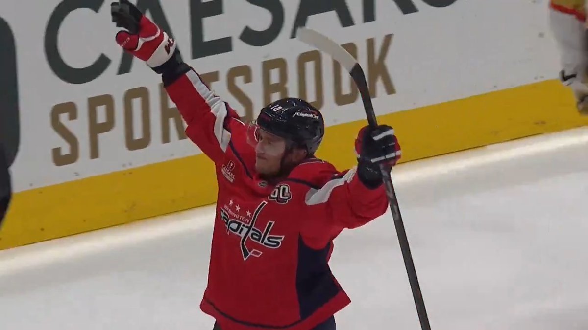 ON HIS FIRST SHOT OF THE SEASON IN HIS FIRST GAME BACK AS A WASHINGTON CAPITAL SINCE 2021 JAKUB VRANA SCORES A GOAL