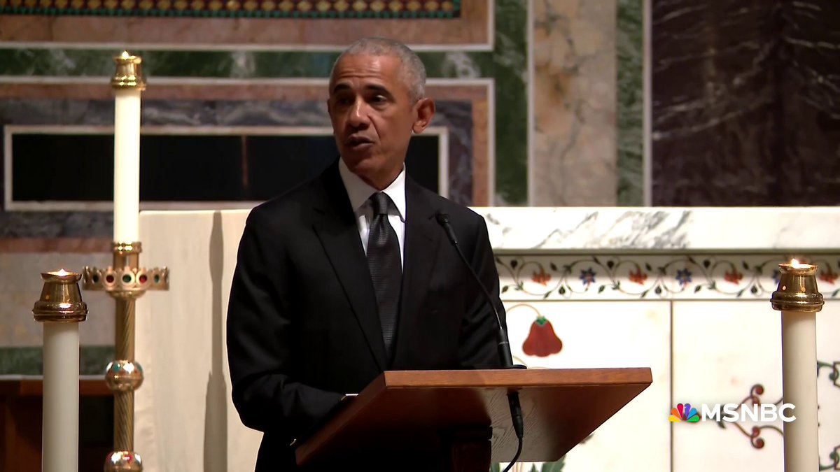 Former President Barack Obama speaks at the memorial service for Ethel Kennedy. "...she kept doing what she and Bobby had always intended to do. Fighting for what was right. Supporting causes she believed in."