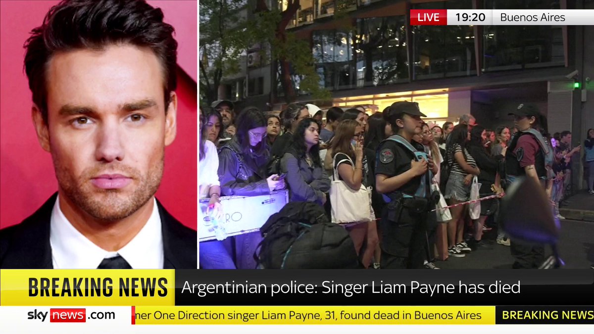 Footage shows people gathering outside a hotel in Buenos Aires, Argentina, where singer Liam Payne is believed to have died. The 31-year-old fell from the third floor of the hotel, police have said. 📺 Sky 501, Virgin 602, Freeview 233 and YT