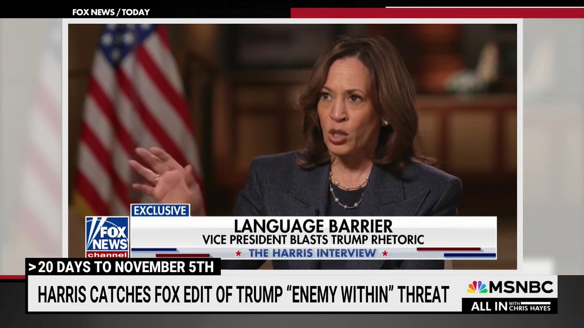 WATCH: Kamala Harris catches Fox News edit of Trump’s "enemies from within" threat. "She wasn't about to let Fox get away with it," says Chris Hayes.