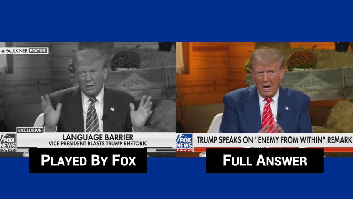 Fox News selectively edited out the clip of Trump they played during their Harris interview, omitting the part where he called Americans who don’t support him “the enemy within,” “dangerous,” “sick,” and “evil”