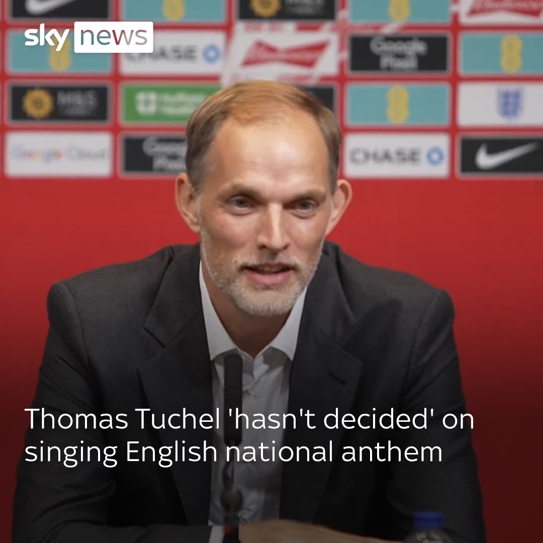The new England manager, Thomas Tuchel is asked if he had made a decision on whether he would sing the anthem... Full story 🏴⚽➡️