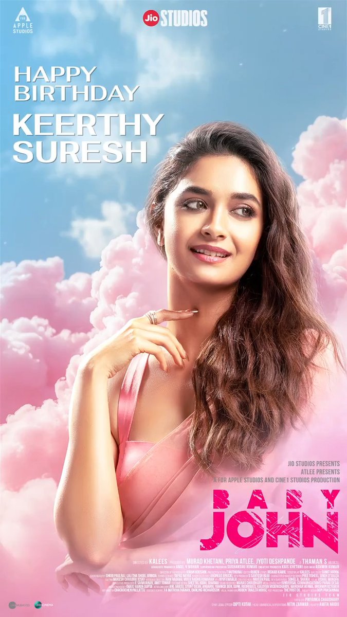 Wishing the queen #KeerthySuresh a very Happy Birthday, we cannot wait to witness your magic in #BabyJohn #JyotiDeshpande Murad Khetani Priya Mohan atlee Varun Dhawan Keerthy Suresh #WamiqaGabbi Jackie Shroff Rajpal Naurang Yadav Kalees Sumit Aroraa ๐ฎ๐ณ thaman S Jio Studios AforApple Cine1 Studios Amul V Mohan Sudhanshu Kumar Ashwin Kumar Kais Khetani Akanksha Zee Music Company .