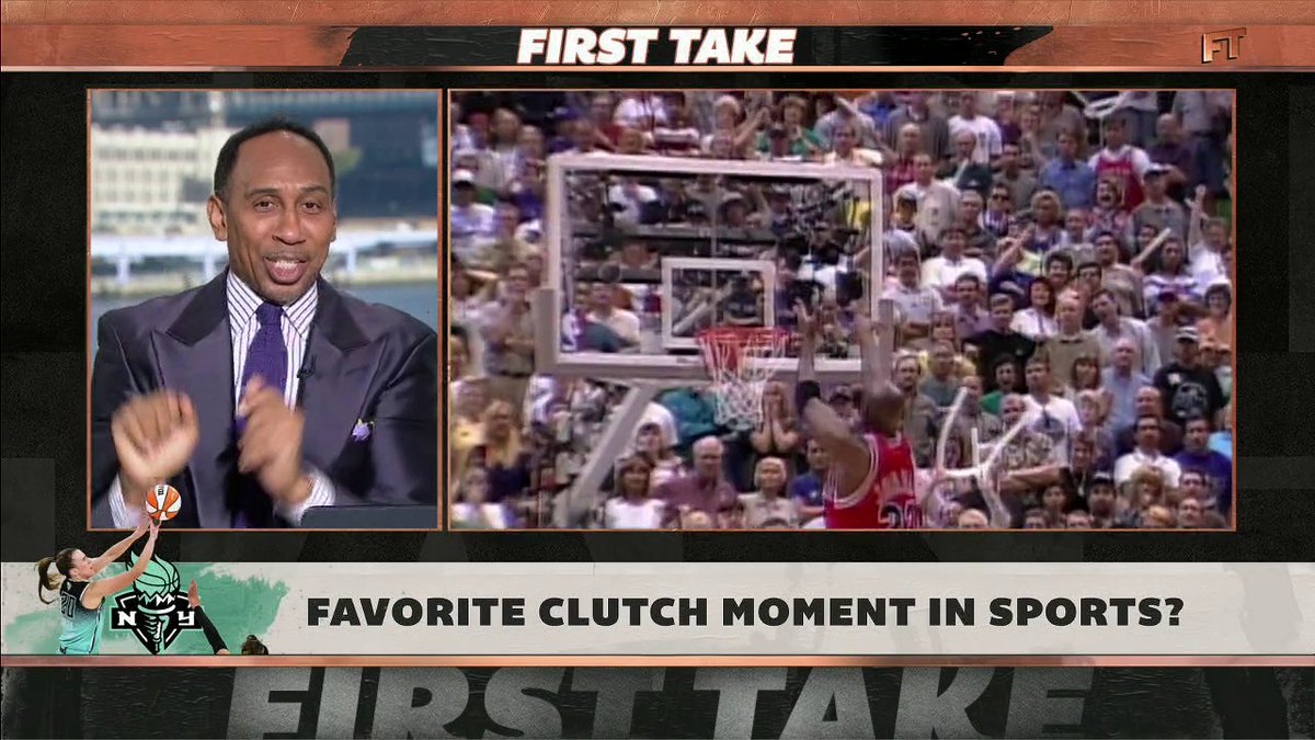 Michael Jordan's iconic three-point shot over Bryon Russell is Stephen A Smith's favorite all-time clutch moment in sports🔥 What's yours? 🤔