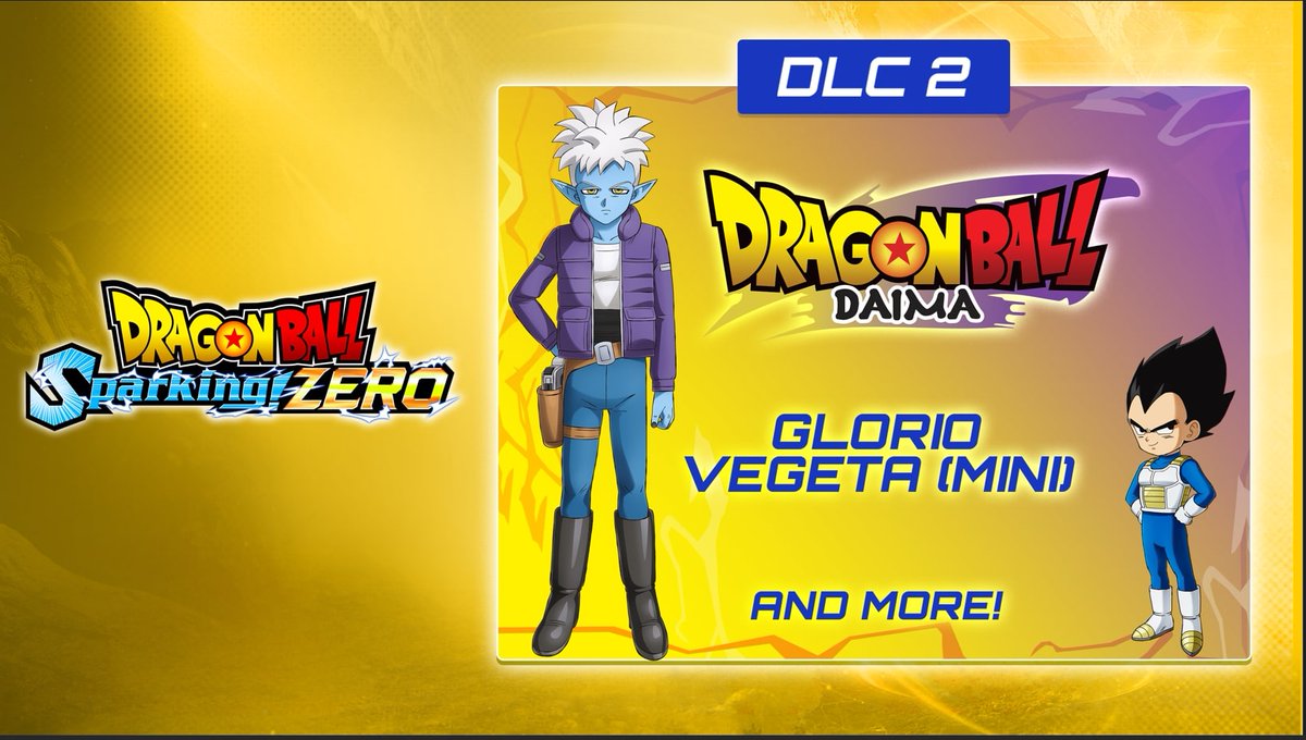 Introducing SEASON PASS DLC 2 playable characters from Dragon Ball DAIMA, coming soon to DRAGON BALL: Sparking! ZERO. 🟣 Vegeta (Mini) 🟡 Glorio 🟣 & more... Stay tuned for further updates! #DBSZ