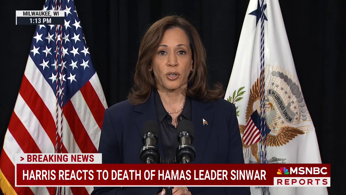 "Justice has been served" VP Harris reacts to the killing of Hamas leader Yahya Sinwar, the mastermind behind the October 7th terror attacks on Israel. Harris adding “This moment gives us an opportunity to finally end the war in Gaza.”