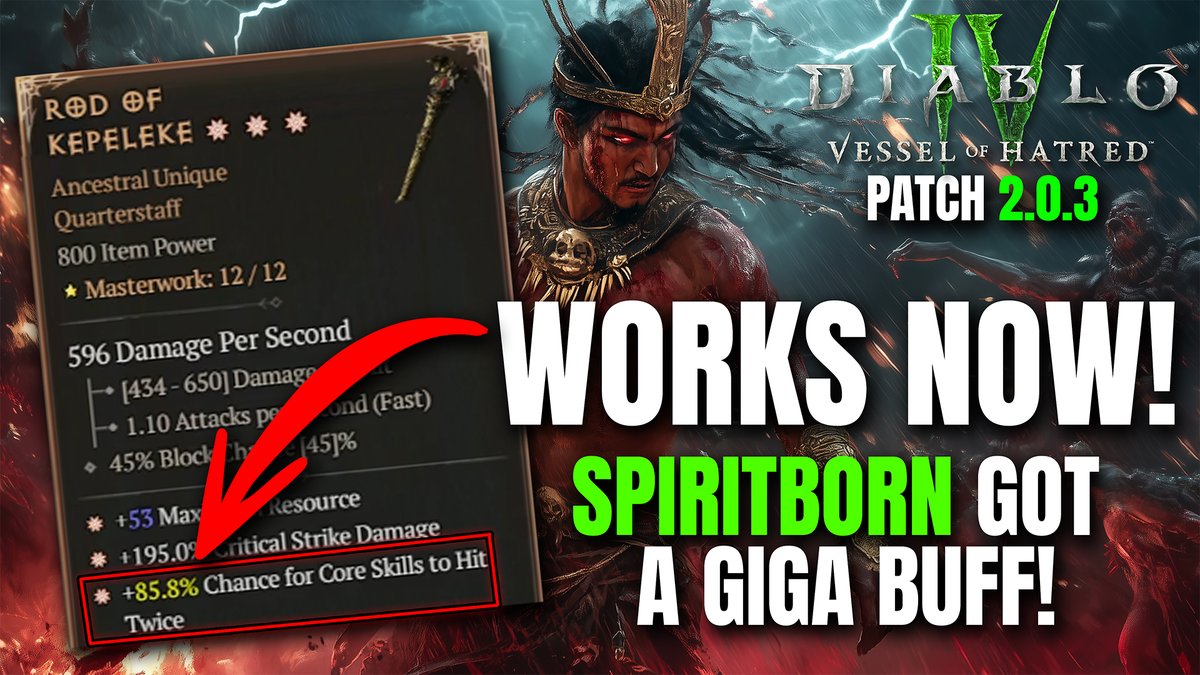 Spriitborn just got a MASSIVE Buff by bug fixing the Main Weapon Kepeleke. Here is the new Power of the Build clearing Pit 150 with full Life Enemies. I have seen it hit for 1 Quadrillion Damage now! ⚔️ #DiabloIV Full Video: