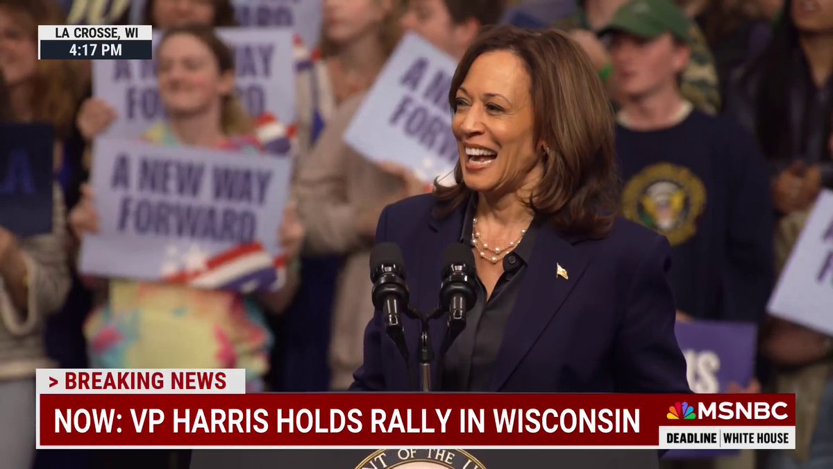 While speaking at a rally in Wisconsin, VP Harris responds to anti-abortion protesters who interrupted her. "Oh, you guys are at the wrong rally. No, I think you meant to go to the smaller one down the street," Harris says.