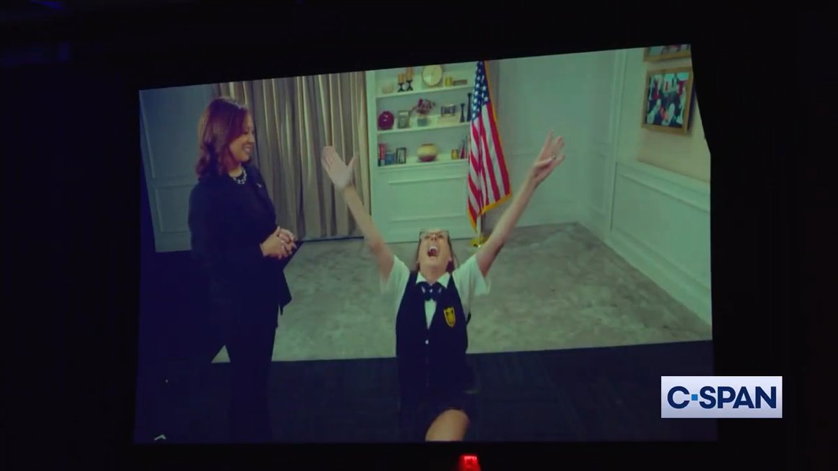 VP Kamala Harris video with Molly Shannon's Saturday Night Live character Mary Katherine Gallagher at the Al Smith Dinner. Dinner MC Jim Gaffigan: "As I watch that I couldn't help but think of, now I know how my kids felt when I FaceTime into a piano recital they were at."