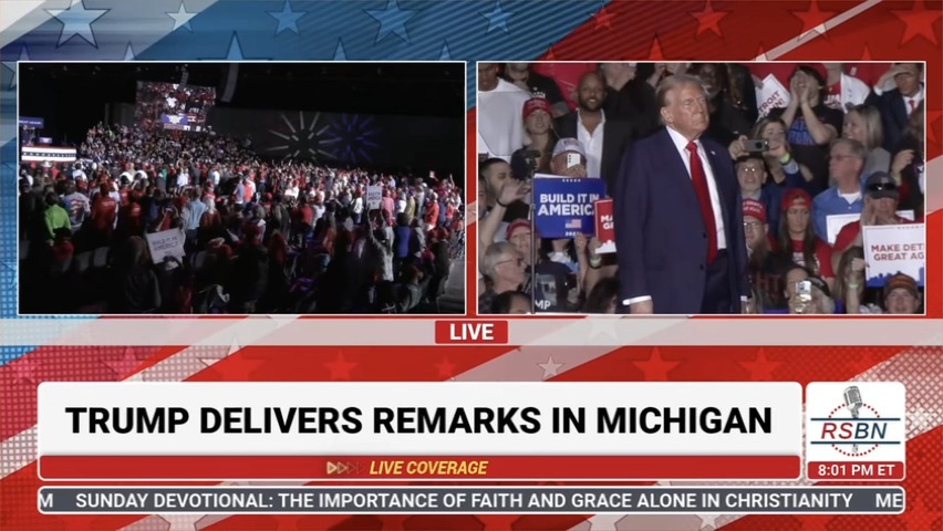 An exhausted Trump awkwardly walks in circles on stage after his microphone stops working