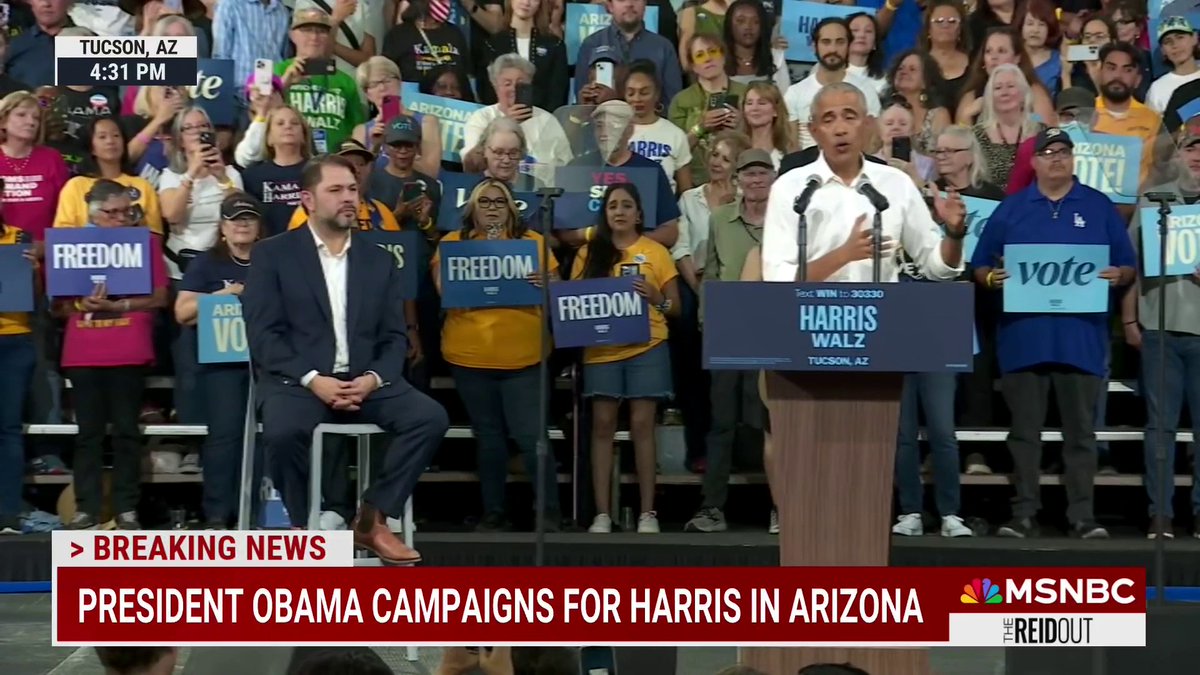 Former President Obama calls out former President Trump's competence at an Arizona rally for VP Harris. Obama references Trump's recent town hall, which turned into a bizarre music session. "Can you imagine if I did that?... Now our playlist would probably be better," he says.