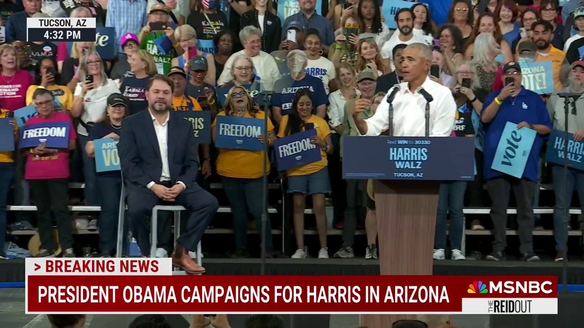 Former President Obama continues his swing state blitz for Harris with a campaign rally in Arizona where he slammed former President Trump. "We do not need to see what an older, loonier Donald Trump looks like with no guardrails," he said.