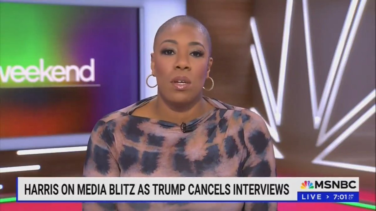 .Symone D. Sanders Townsend: Kamala Harris has been on a month-long media blitz, even going on Fox News. Meanwhile, Donald Trump is hiding, cancelling interviews, and there are new reports that he's exhausted