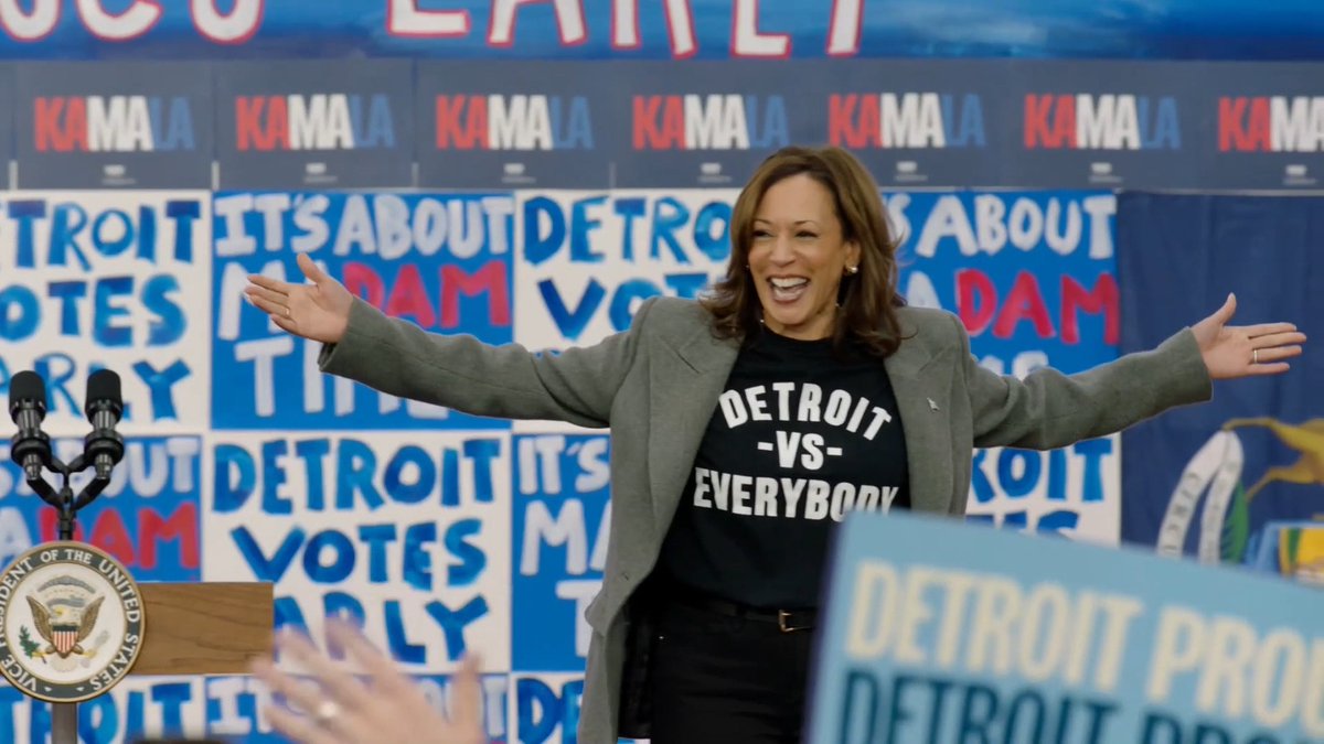 Vice President Harris arrives in Detroit wearing a “Detroit VS Everybody” shirt