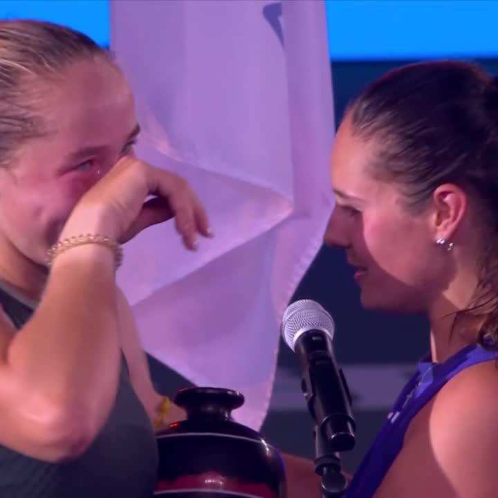 Cheering up her friend 🥹 Daria Kasatkina consoles Andreeva on the podium in Ningbo after a close-fought battle 💜 #NingboOpen
