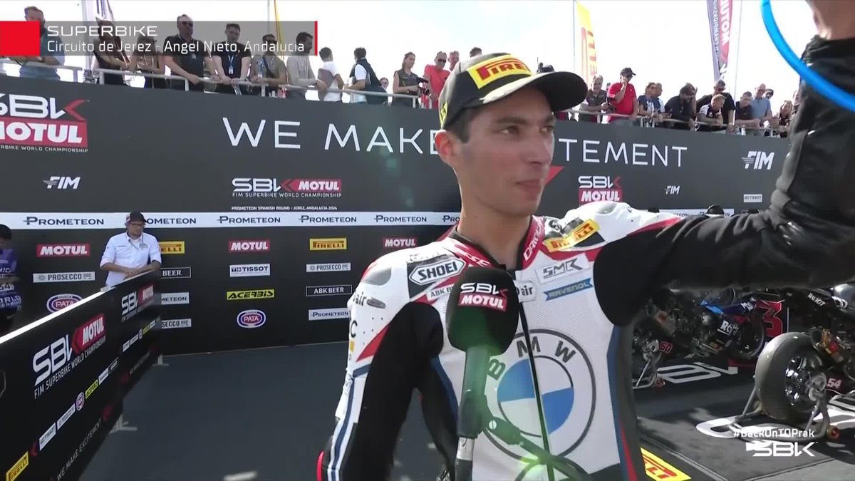 First win as a World Champion in BMW's leathers🏆👏 "Congratulations to all riders!"😍🏍️ #SpanishWorldSBK 🇪🇸
