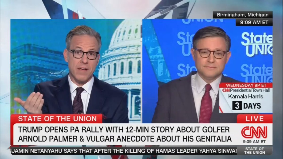 Tapper: Is the closing message you really want voters to hear from Donald Trump stories about Arnold Palmer's genitals? Johnson: Let's put the rhetoric aside Tapper: People have concerns about his fitness and stability. Why is he talking about Arnold Palmer's genitals in front of Pennsylvania voters? Johnson: Don't say it again we don't have to say it