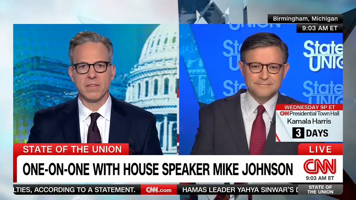.Speaker Mike Johnson tells Jake Tapper 🦅 “I think we're very close, I hope, I pray, to ending that conflict" in Gaza and says “now is the time for a maximum pressure campaign” against Iran.