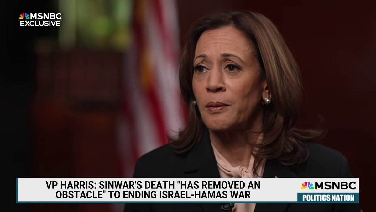During an exclusive interview on PoliticsNation, Vice President Harris tells Reverend Al Sharpton that Yahya Sinwar's death "has removed an obstacle" to ending the Israel-Hamas war.