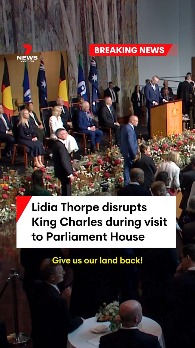Independent Senator Lidia Thorpe has interrupted proceedings at Parliament House in Canberra where King Charles was making a speech. The senator could be heard screaming "you are not my King" as she was escorted away by security officials. #royals #kingcharles #king #queen #royalfamily #protest #breakingnews #7NEWS