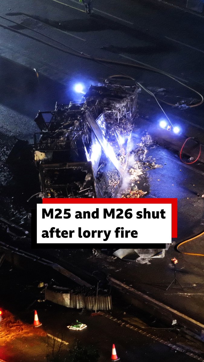 Dashcam footage shows the moment a lorry burst into flames after hitting a safety barrier on the M25. Surrey Police said the driver of the lorry suffered minor injuries in the incident at about 22:00 BST on Sunday. Read more