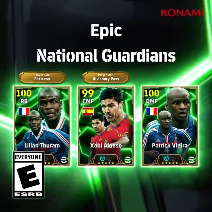【Epic: National Guardians】 新機能ブースタースロットを所持したレジェンド3選手が登場！ リリアン テュラム(シャットダウン ＋2) シャビ アロンソ(デュエル ＋2) パトリック ヴィエラ(ハードワーク ＋2) 守備の要を担い、世界一・欧州一に貢献したレジェンドを獲得しよう！ #eFootball