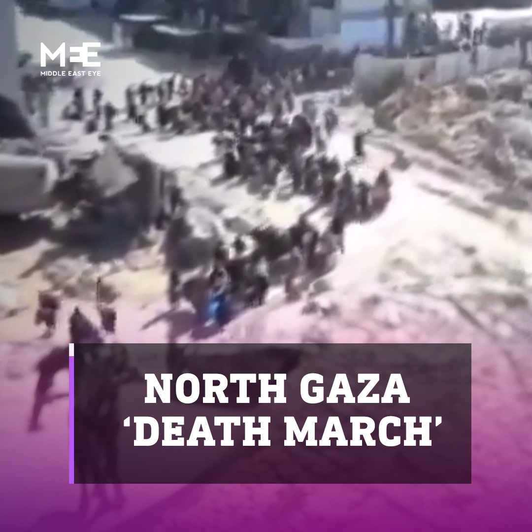 Footage shared early on Monday shows hundreds of Palestinians being rounded up by Israeli forces and forcibly displaced from northern Gaza to the south. Online commentators described the footage as a “death march”.