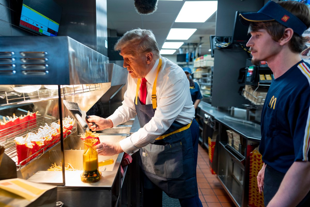 U.S. Republican presidential candidate Donald Trump manned the fry station at a McDonalds in Pennsylvania on Sunday before staging an impromptu news conference, answering questions from reporters through the drive-thru window.