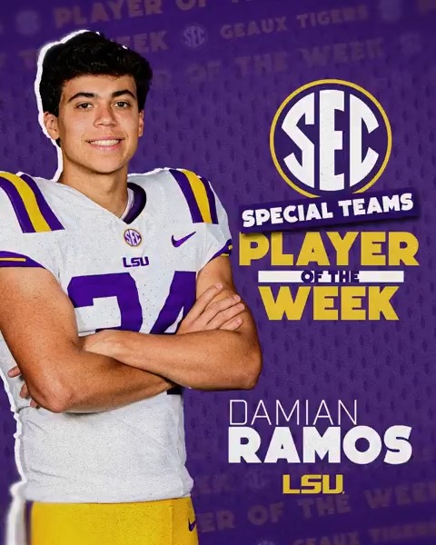 🏈 SEC Special Teams Player of the Week: WK 8 🐅 Damian Ramos @LSUFootball x #SECFB