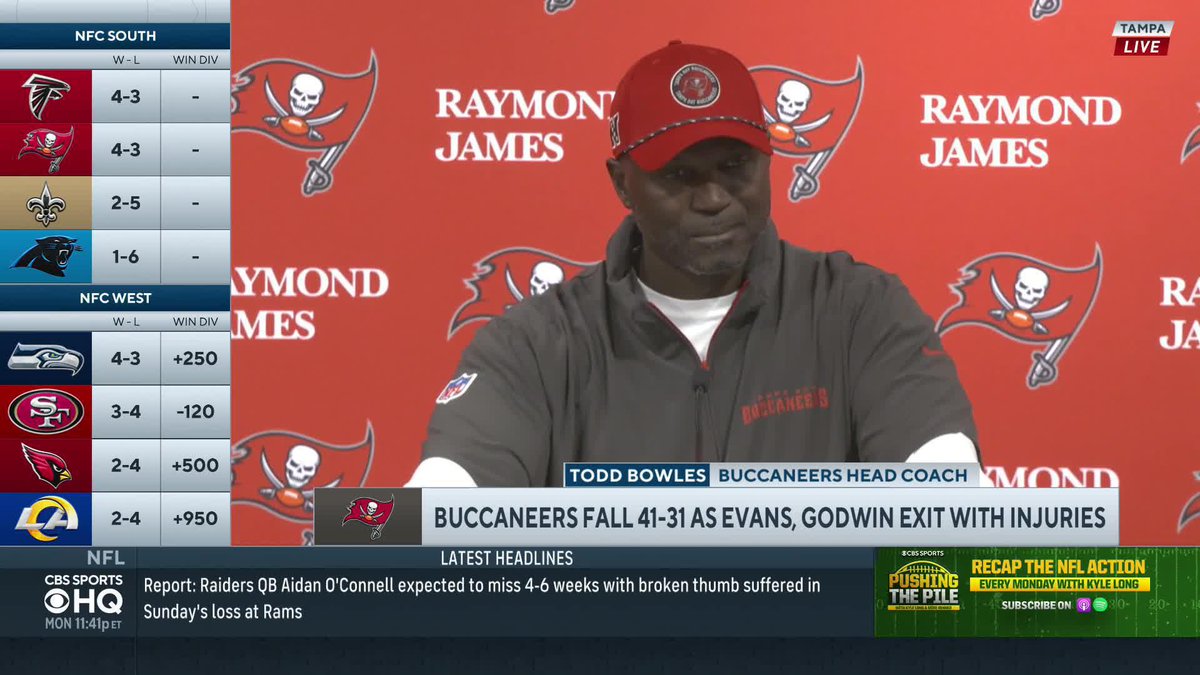 "It's unfortunate he (Chris Godwin) got hurt and we feel bad about that. But he's a football player and he wanted to be in the game just like Baker and everyone else wanted to be in the game." — Buccaneers head coach Todd Bowles on Chris Godwin's injury in the fourth quarter