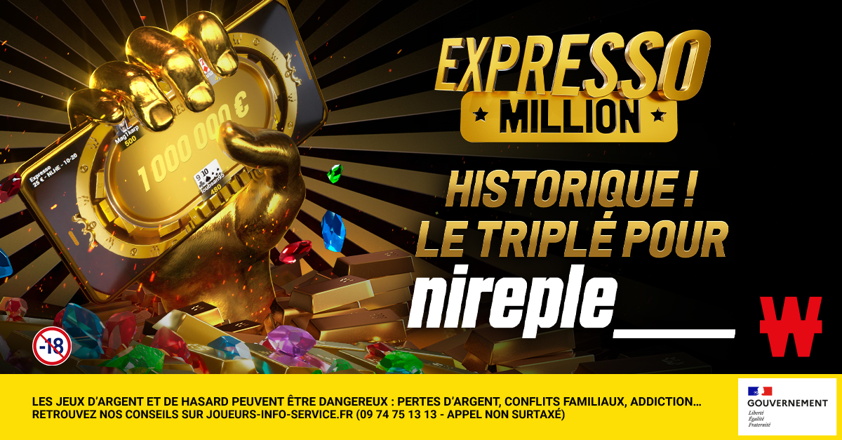 🤯 HISTORIQUE ! Moins d'une semaine après avoir manqué le triplé d'un souffle, nireple___ s'est offert son troisième #ExpressoMillion et encaisse 800 000 € pour la troisième fois.