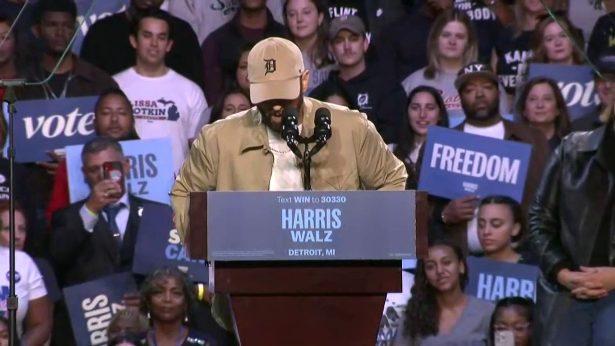 Rapper Eminem introduces former President Barack Obama at a Detroit rally for Vice President Kamala Harris.
