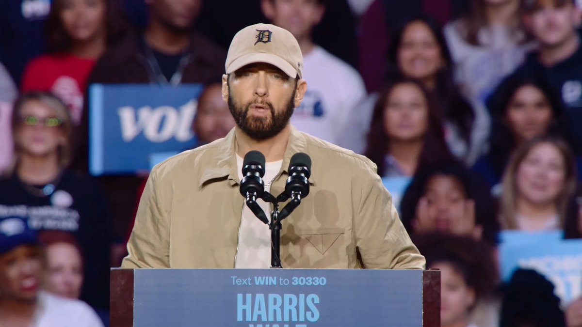 .Marshall Mathers: I don't think anyone wants an America where people are worried about retribution of what people will do if you make your opinion known. I think Vice President Harris supports a future for this country where these freedoms and many others will be protected and upheld