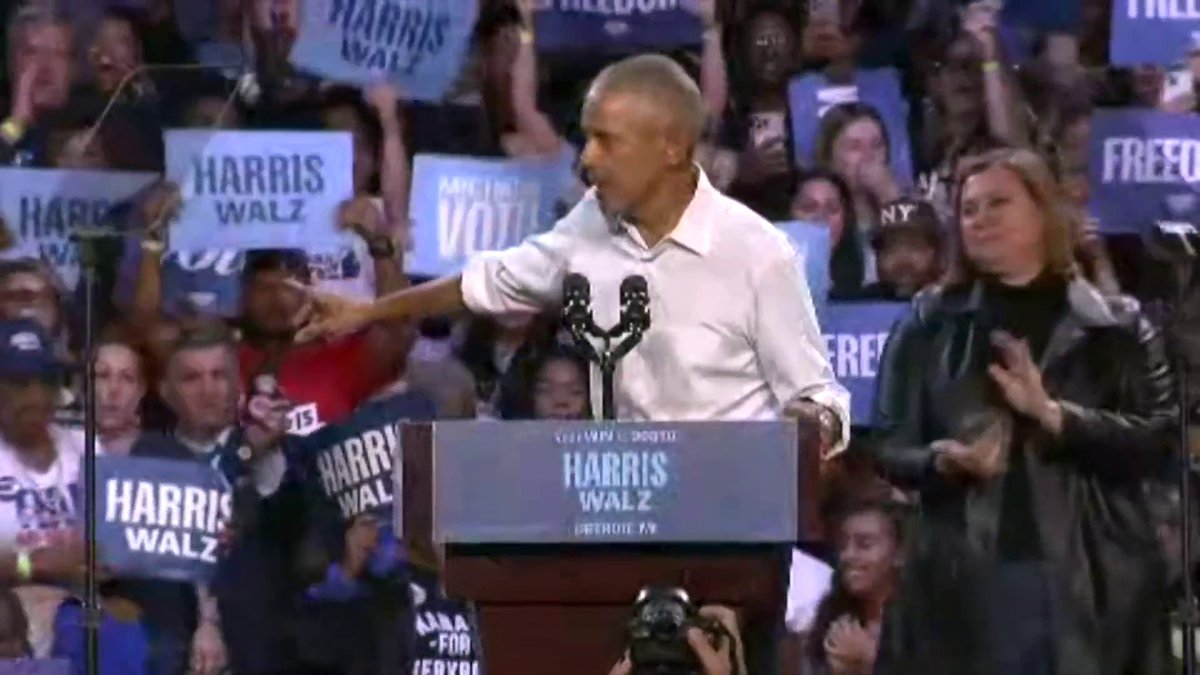 Obama raps Eminem's "Lose Yourself," after being introduced by the rapper at a rally for Harris in Detroit, MI.