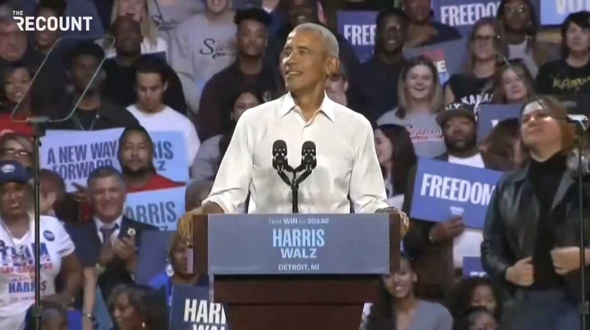 Barack Obama raps the first verse of "Lose Yourself" by Eminem while campaigning for Kamala Harris in Detroit.