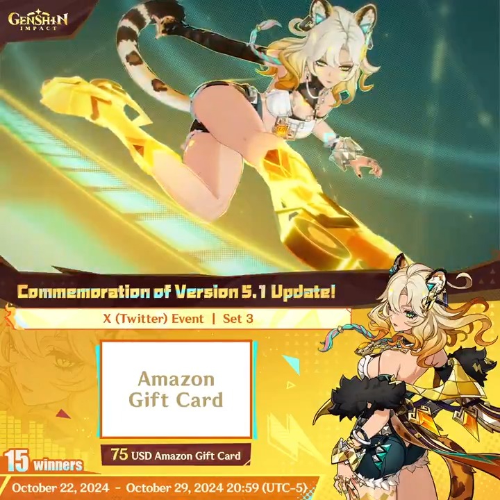 ✨Set 3✨ Commemoration of Version 5.1 Update 🎁Participate in the event for a chance to win a $75 Amazon gift card. How to Participate: ① Follow Genshin Impact ② Retweet this post You can instantly check the event results here>>> #GenshinImpact