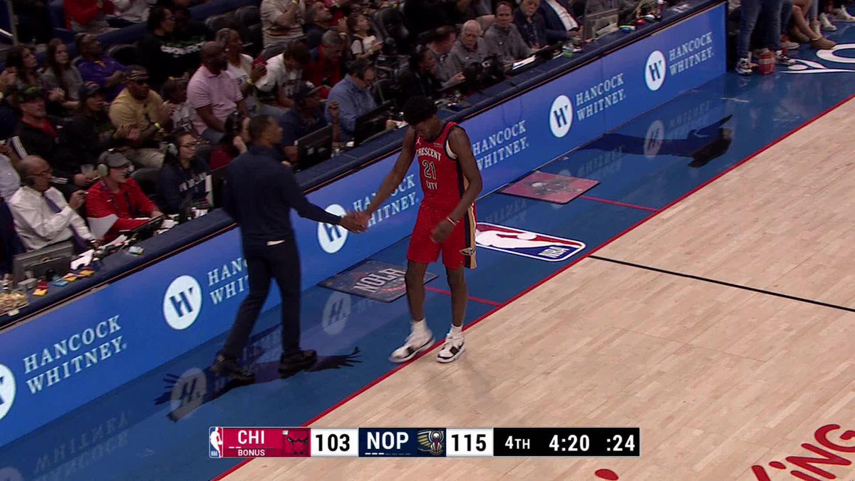 Former #Baylor center Yves Missi received a standing ovation after his NBA debut. He posted 12 points, 7 rebounds and 3 blocks. #SicEm