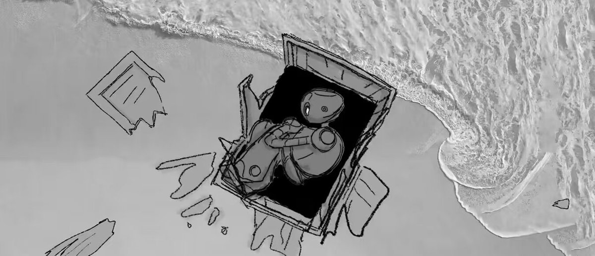 Some of my storyboards from the opening of The Wild Robot. I liked the idea of the first shot in the film (after the pull-out from her eye) being Roz in a fetal position for "The Robot Hatches." But the idea got lost as it went through the production pipeline. I ended up using some stock photography and videos for some of the water in this scene. I think because the environment was such a character for us in these opening scenes. The photography seemed to help me to sell the contrast between Roz and the wilderness.