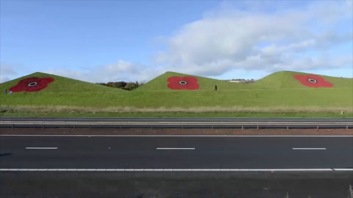 Our trio of giant poppies are back on proud display at the pyramids overlooking the M8 in West Lothian. Huge thanks to the Pyramids Business Park for allowing us to paint on their pyramids and to the local farmer for helping us gain access. Another job well done guys!