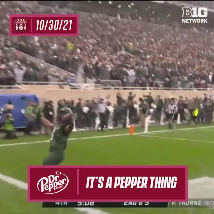 Truth: K9 enjoyed his one and only Michigan-Michigan State rivalry game. Relive the star RB's 5️⃣ TD runs in Michigan State Football's dramatic 2021 comeback win 👇 📍 Dr Pepper #ItsAPepperThing