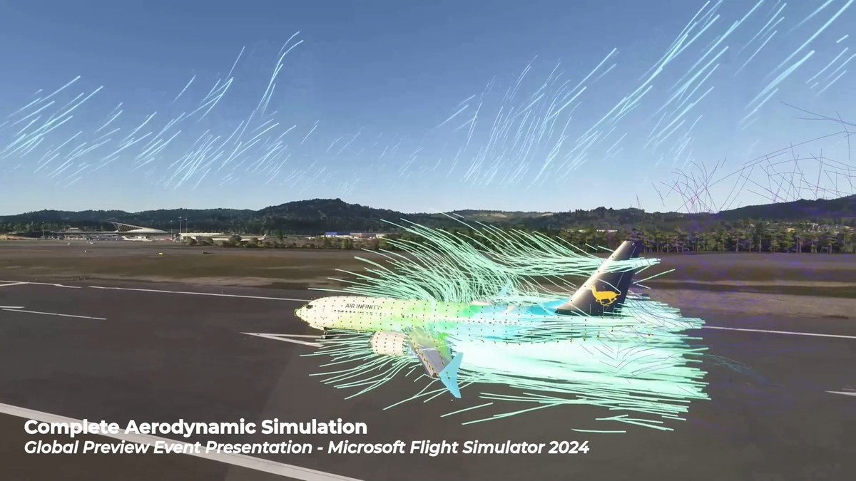 In #MicrosoftFlightSimulator2024 we have four different aerodynamic simulation systems that work together when you fly: - Surface Aerodynamics - Aircraft CFD - Wake Turbulence CFD - Atmospheric Airflow In this video, you can see the four different systems work together. 🛫