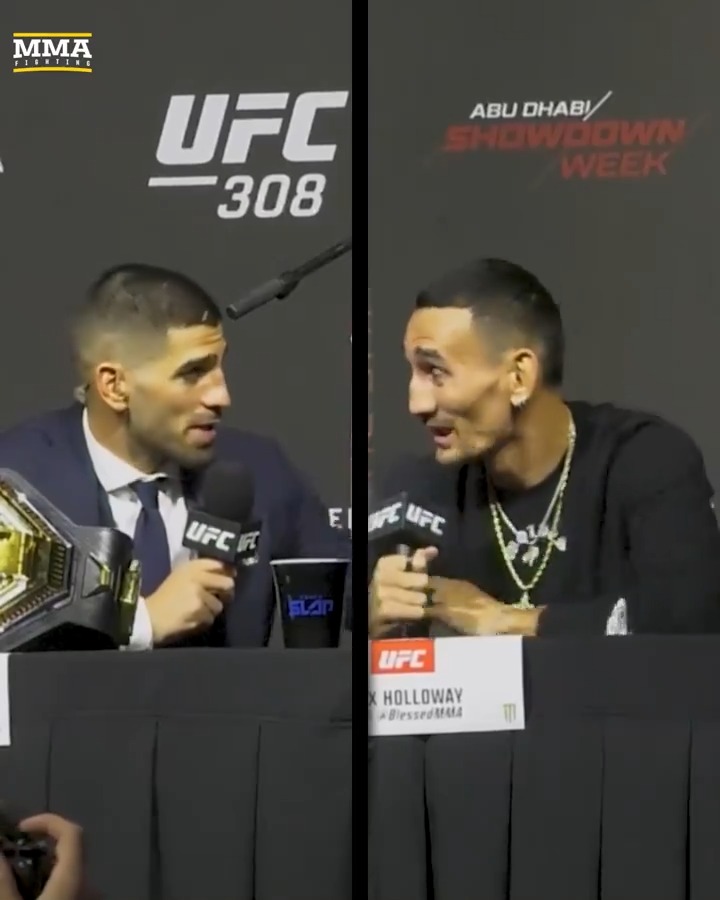 Ilia Topuria: "Who asked you if I deserved it or not? Max Holloway: "Brother, we're adults. Let me talk." Topuria: "The ref can take a break. I'm going to finish him in the first round." Holloway: "See what I did there? I let you finish. Like an adult." #UFC308