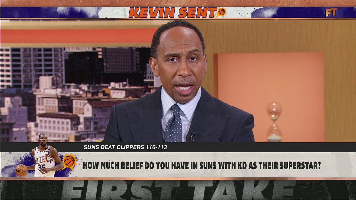 .Stephen A Smith doesn't have "much" belief in the Suns with KD as their superstar ๐ "I don't question the greatness nor commitment of Kevin Durant. ... When you are that great ... you should be able to be a better leader than he has shown."