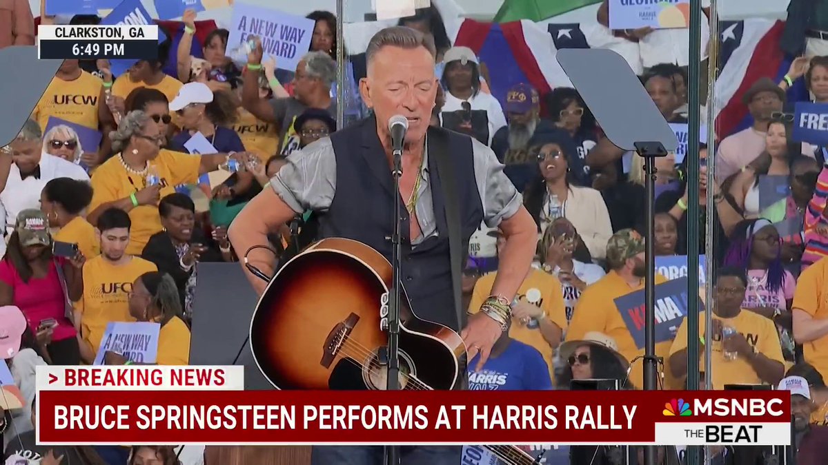 Bruce Springsteen performs at a star-studded campaign event for VP Kamala Harris alongside former President Obama. "I want a president who reveres the Constitution, who does not threaten but wants to protect and guide our great democracy," he said.