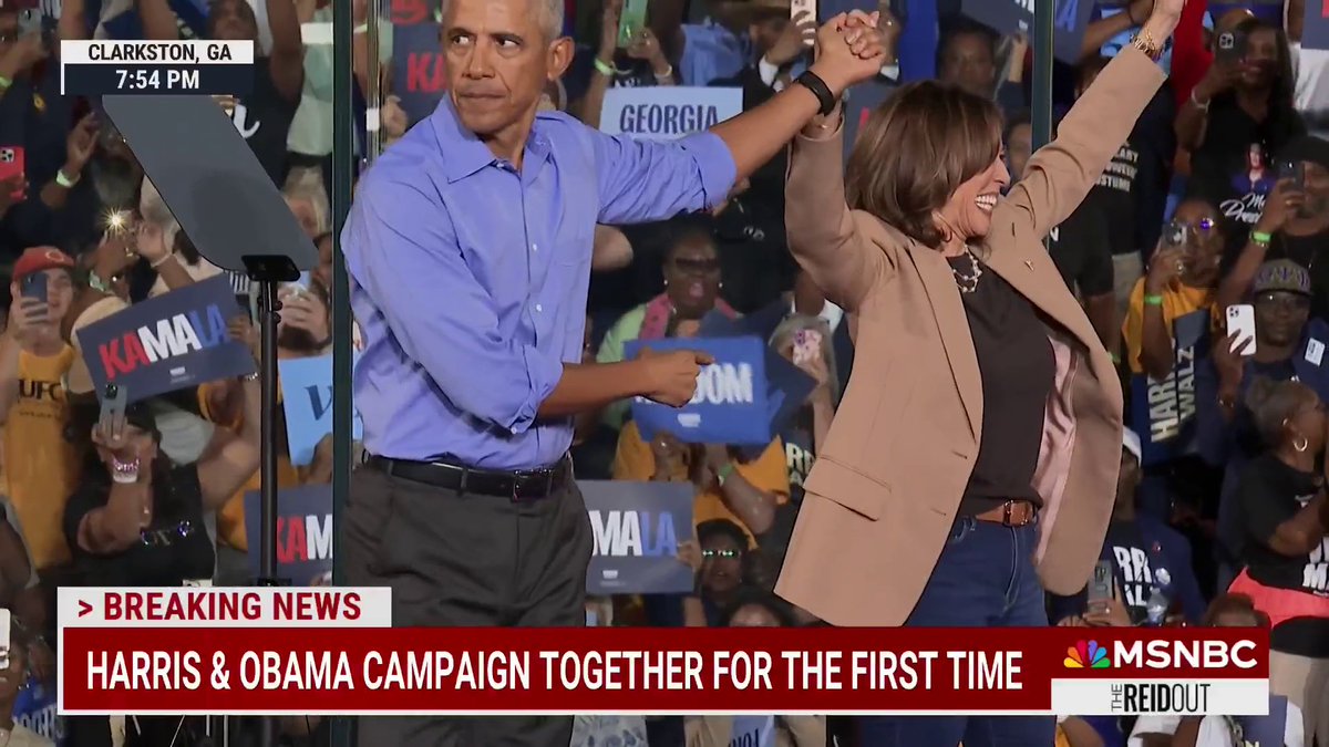 Obama introduces Harris at her campaign rally in Georgia. "We've got a candidate to vote for in this election ... who knows what real strength looks like, who will set a good example and do the right thing and leave this country better than she found it," he said.