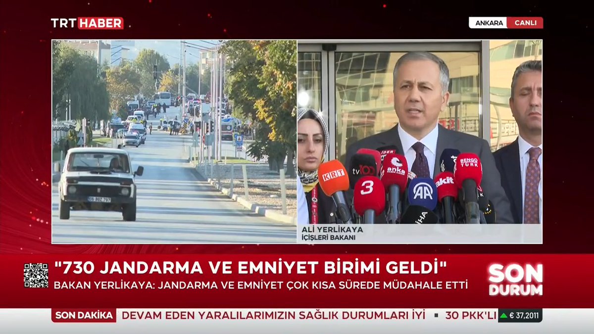 📌Şehit güvenlik görevlisinin vurduğu terörist kendini patlattı. 📌Özel harekat 14 dakikada müdahale etti. 📌730 personel 20 dakikada olay yerindeydi. 📌Hiçbir rehine olayı yaşanmadı. İçişleri Bakanı Yerlikaya, TUSAŞ'a yönelik terör saldırısının detaylarını anlattı.