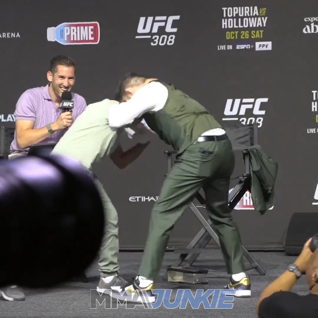 This young fan got much more than his autograph wish from Merab Dvalishvili when he tangled with the champ at the #UFC308 Q&amp;A :raised_hands: