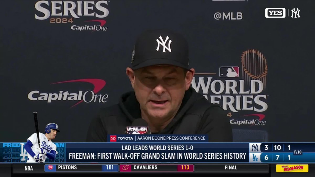 Aaron Boone discusses Game 1 against the Dodgers with Meredith Marakovits and the rest of the media.