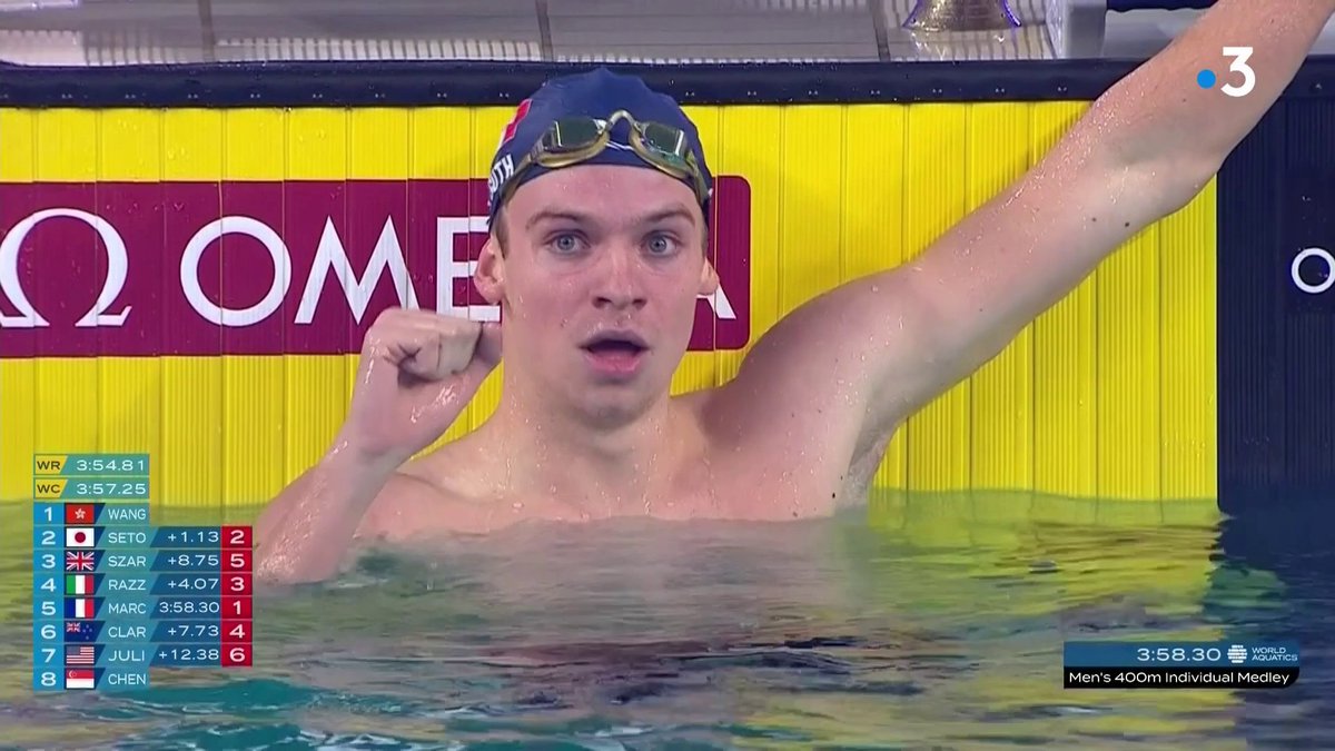 #SWC2024 | 🏊‍♂️ PHÉNOMÉNAL LÉON MARCHAND QUI S'OFFRE UN NOUVEAU TRIPLÉ ET UN RECORD DE FRANCE ! ⏱️ À Incheon, le Toulousain remporte le 400m 4 nages en améliorant le record de France de 2 secondes (3:58.30) ! 🤩 C'est son 2e triplé (100, 200, 400m 4 nages) en une semaine.