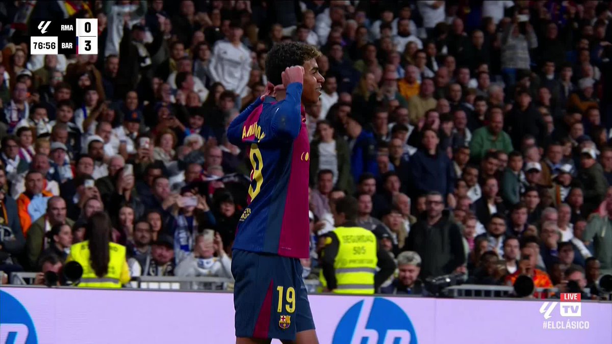 What a finish from Lamine Yamal for his first goal in ElClásico!! 😱😱 An incredible night for Barcelona and the Bernabeu is stunned 🔵🔴